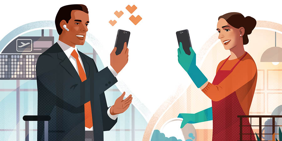 Saurang lalaki di bandara keur videocall jeung pamajikanana nu aya di imah.