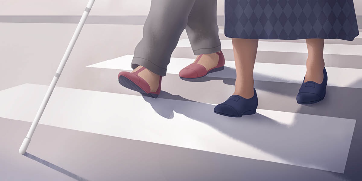 Sadérék istri keur mantuan awéwé lolong nu nyepeng iteuk pikeun meuntas.