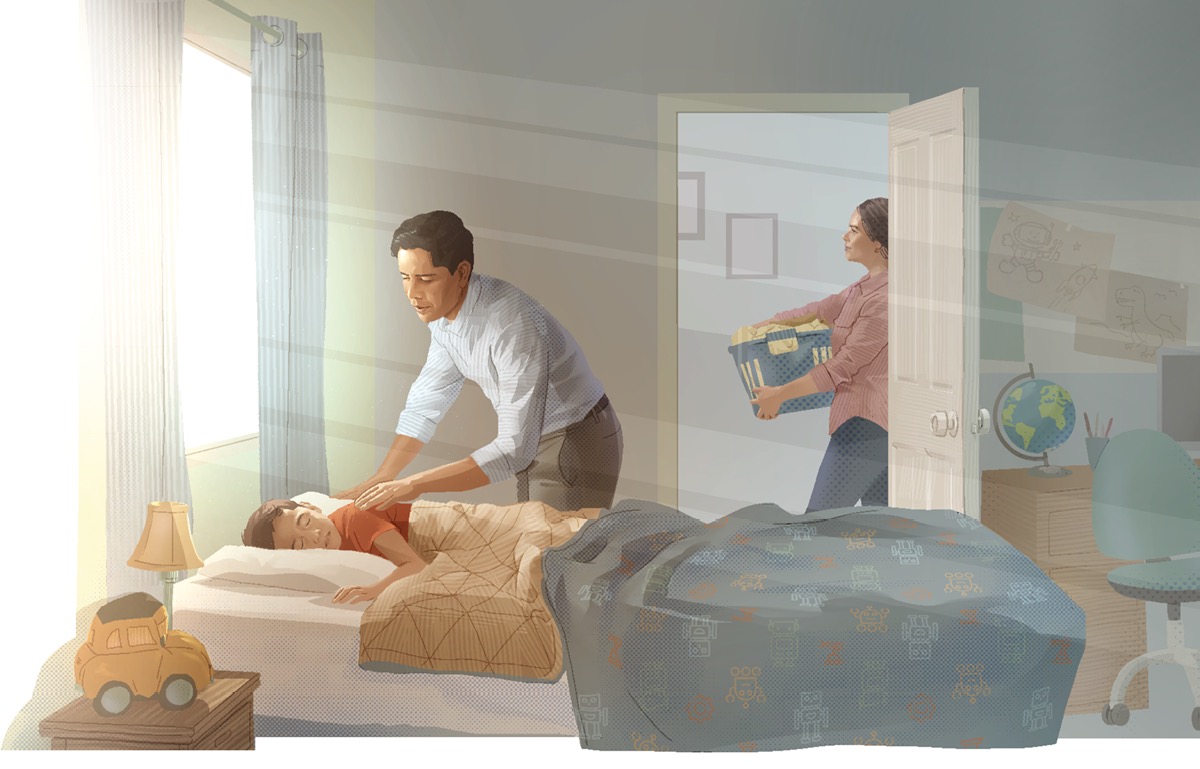 Saurang bapa ngahudangkeun budakna nu keur saré.