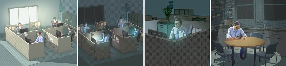 Gambar: Saurang lalaki nganggap pagawéan sabagé hal nu pangpentingna. 1. Manéhna digawé di kantor ti isuk. 2. Manéhna digawé nepi ka burit. 3. Manéhna lembur. 4. Sanggeus balik ka imah, manéhna dahar sorangan.