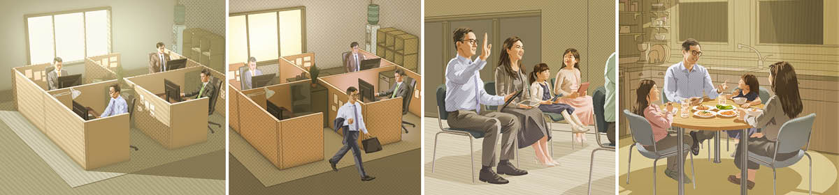 Gambar: Lalaki tadi nyadiakeun waktu keur hal-hal nu leuwih penting. 1. Manéhna digawé di kantor ti isuk. 2. Manéhna balik gawé dina waktuna. 3. Manéhna ngacung dina pasamoan. 4. Manéhna dahar bareng jeung kulawargana.