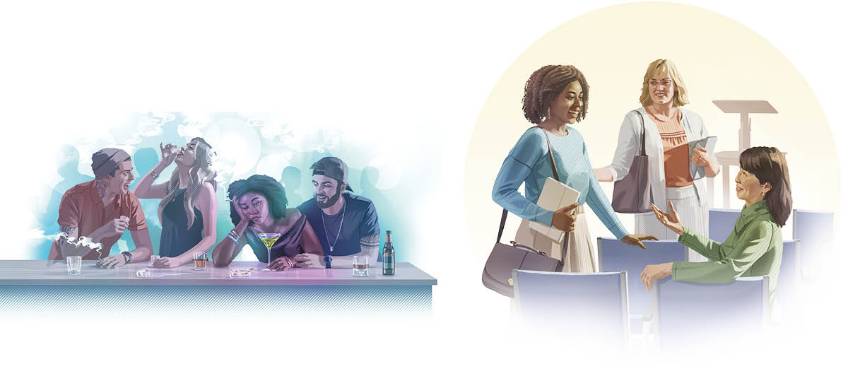 Gambar: 1. Saurang awéwé nu keur baeud diuk di sabeulaheun kabogohna. Manéhna mabok jeung ngaroko bareng babaturanana di diskotik. 2. Awéwé éta katingali bungah waktu ngobrol jeung saurang sadérék istri di Balé Karajaan.