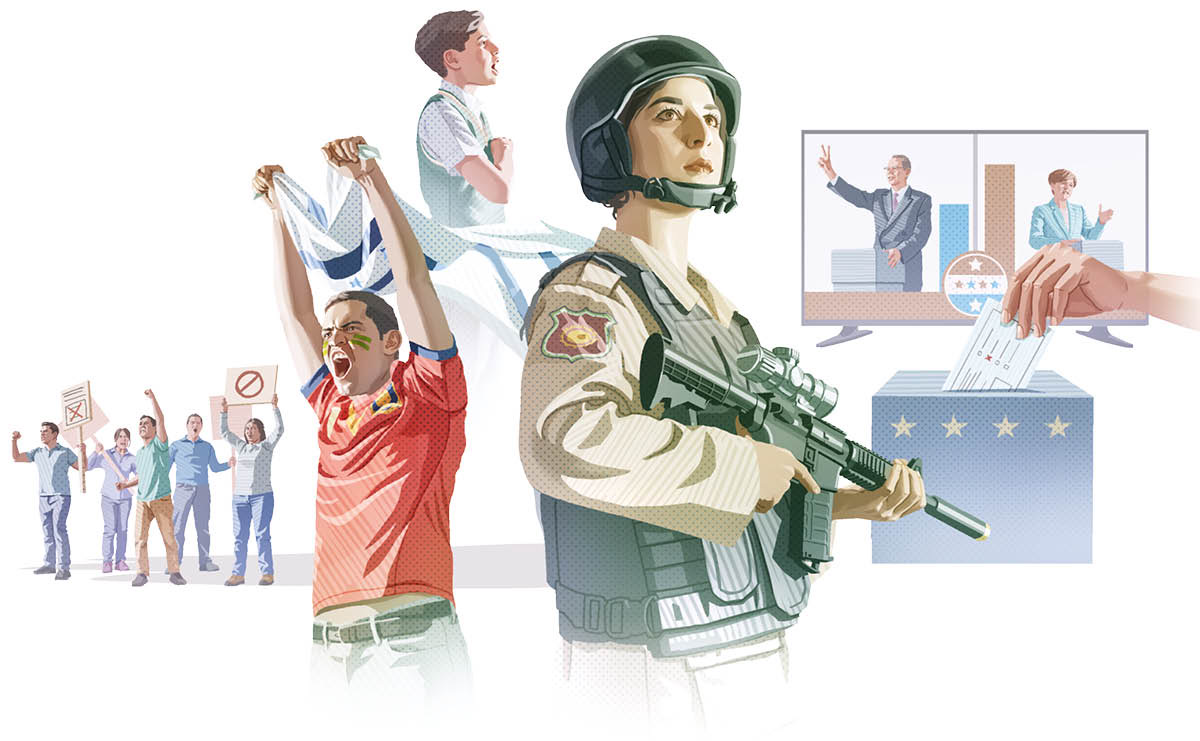 Gambar: 1. Jalma-jalma ngamuk bari démo jeung mawa spanduk. 2. Saurang lalaki keur surak bari mawa bandéra dina acara olahraga. 3. Saurang murid keur ngucapkeun sumpah. 4. Saurang tentara nyekel senjata. 5. Dua calon pajabat keur debat. 6. Saurang awéwé keur ngasupkeun pilihanana kana kotak pemilu.