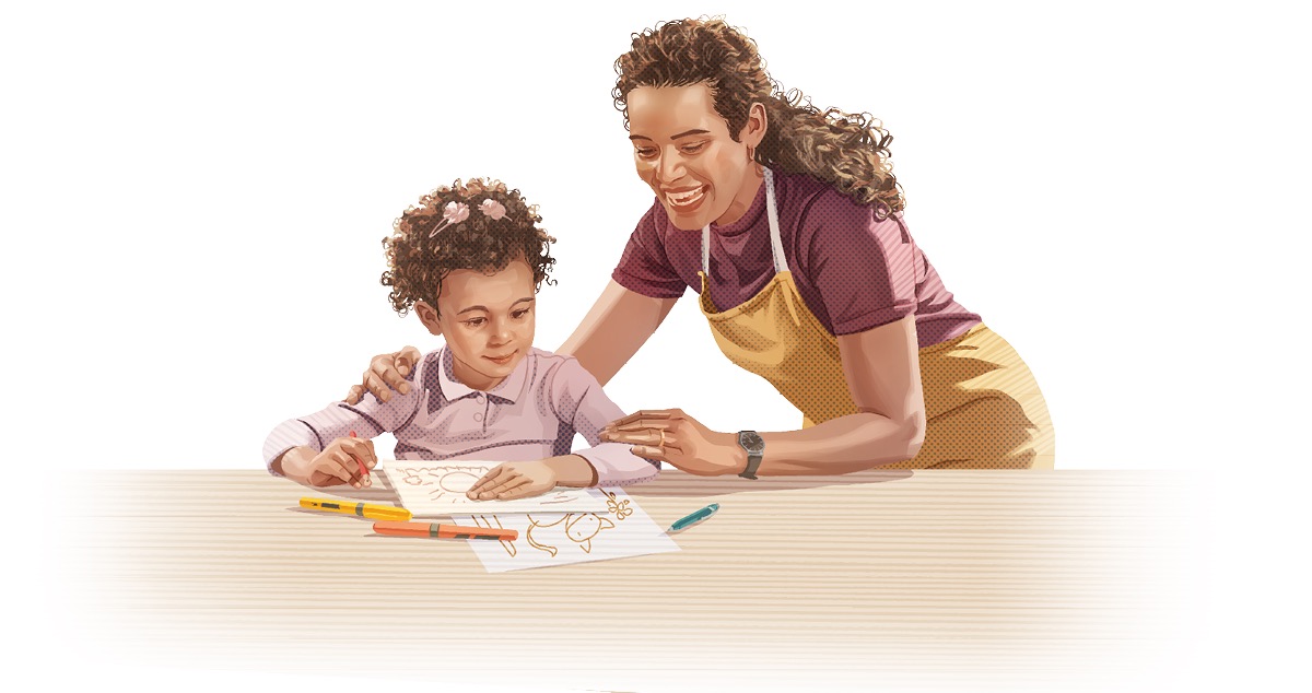 Saurang indung muji budak awéwéna nu kakara bérés ngagambar.