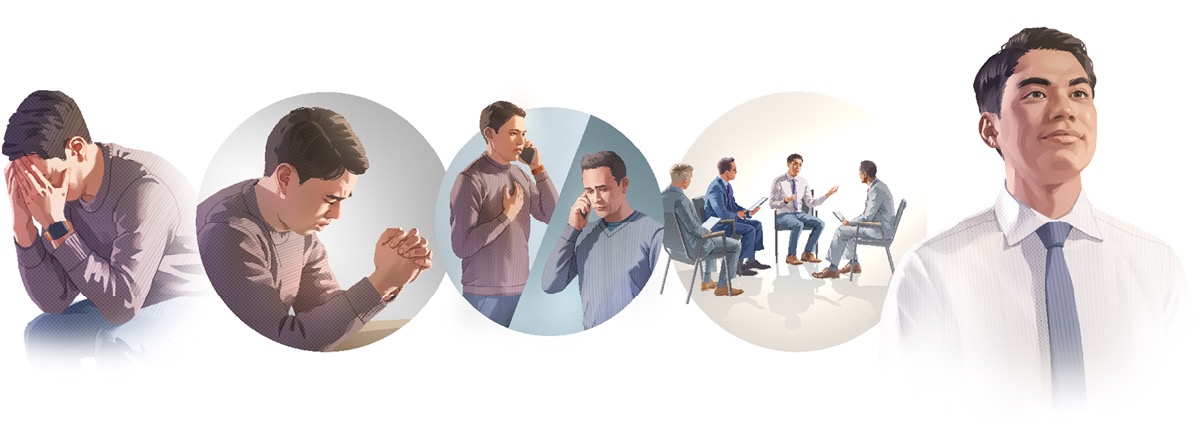 Gambar: 1. Sadérék ieu nyekelan tarang sabab strés pisan. 2. Manéhna ngadoa ka Yéhuwa. 3. Manéhna nelepon saurang kokolot. 4. Manéhna manggihan tilu kokolot. 5. Manéhna bisa sumringah deui sabab haté sanubarina geus bersih.