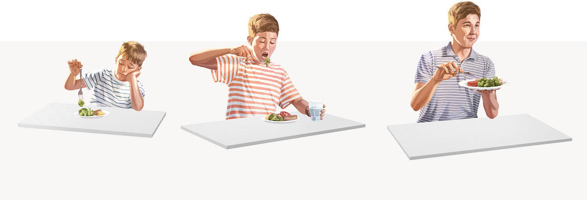 Gambar: Saurang budak lalaki diajar dahar sayur. 1. Sayurna ngan dipaké ulin. 2. Pas geus rumaja, manéhna daék dahar sayur. 3. Pas geus leuwih déwasa, manéhna jadi beuki sayur.