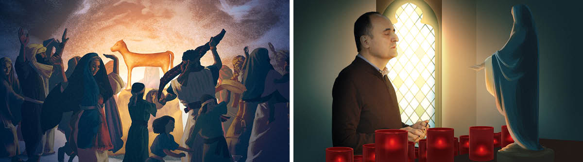 1. Saurang jalma ngadoa di hareupeun dahareun jeung patung. 2. Saurang jalma ngadoa di hareupeun patung Mariam bari nyekelan rosario.