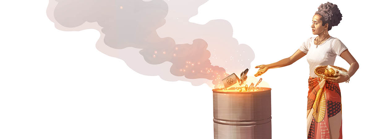 Saurang awéwé ngaduruk barang-barang nu aya hubunganana jeung hal-hal gaib.