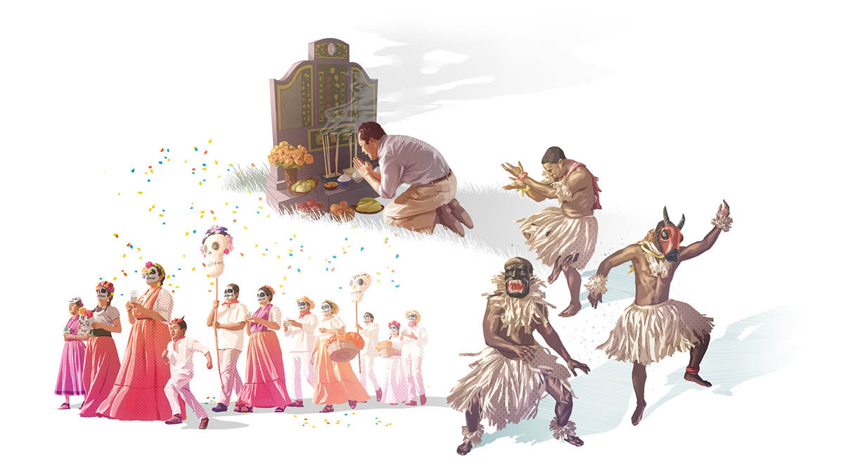 Gambar: Kabiasaan-kabiasaan pikeun ngahormat karuhun. 1. Saurang lalaki sujud jeung ngadoa di hareupeun batu nisan bari méré sasajén. 2. Tilu lalaki nu maké baju adat keur ngigel. 3. Jalma-jalma leumpang bari maké topéng tangkorak jeung mawa tangkorak gedé dina hari raya.