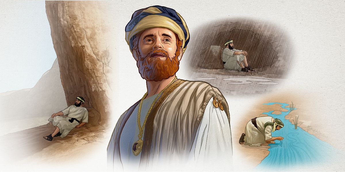 Saurang lalaki di jaman Alkitab nu keur nyalindung waktu hujan angin, nginum tina kokocoran cai, jeung ngiuhan dihandapeun batu gedé