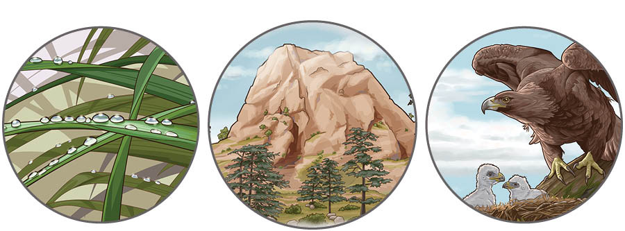 Gambar: Ibarat dina Pamindo pasal 32. 1. Ciibun dina jukut. 2. Gunung batu nu kuat tur weweg. 3. Heulang nu ngalindungan anak-anakna.