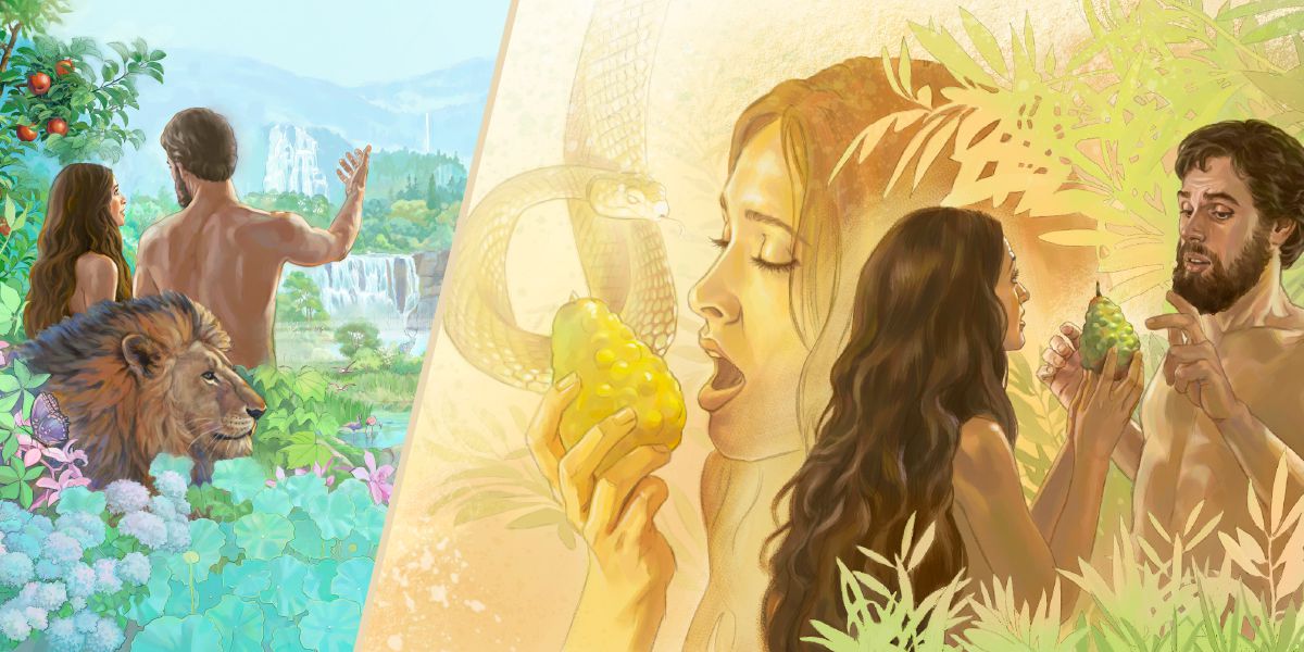 Adam jeung Hawa di Taman Éden; oray ngomong ka Hawa, Hawa ngadahar buah, jeung dibikeun ka Adam