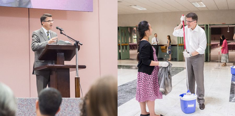 Hadirin keur ngadéngékeun hutbah saurang kokolot, jeung kokolot éta milu ngabersihan tempat ibadah