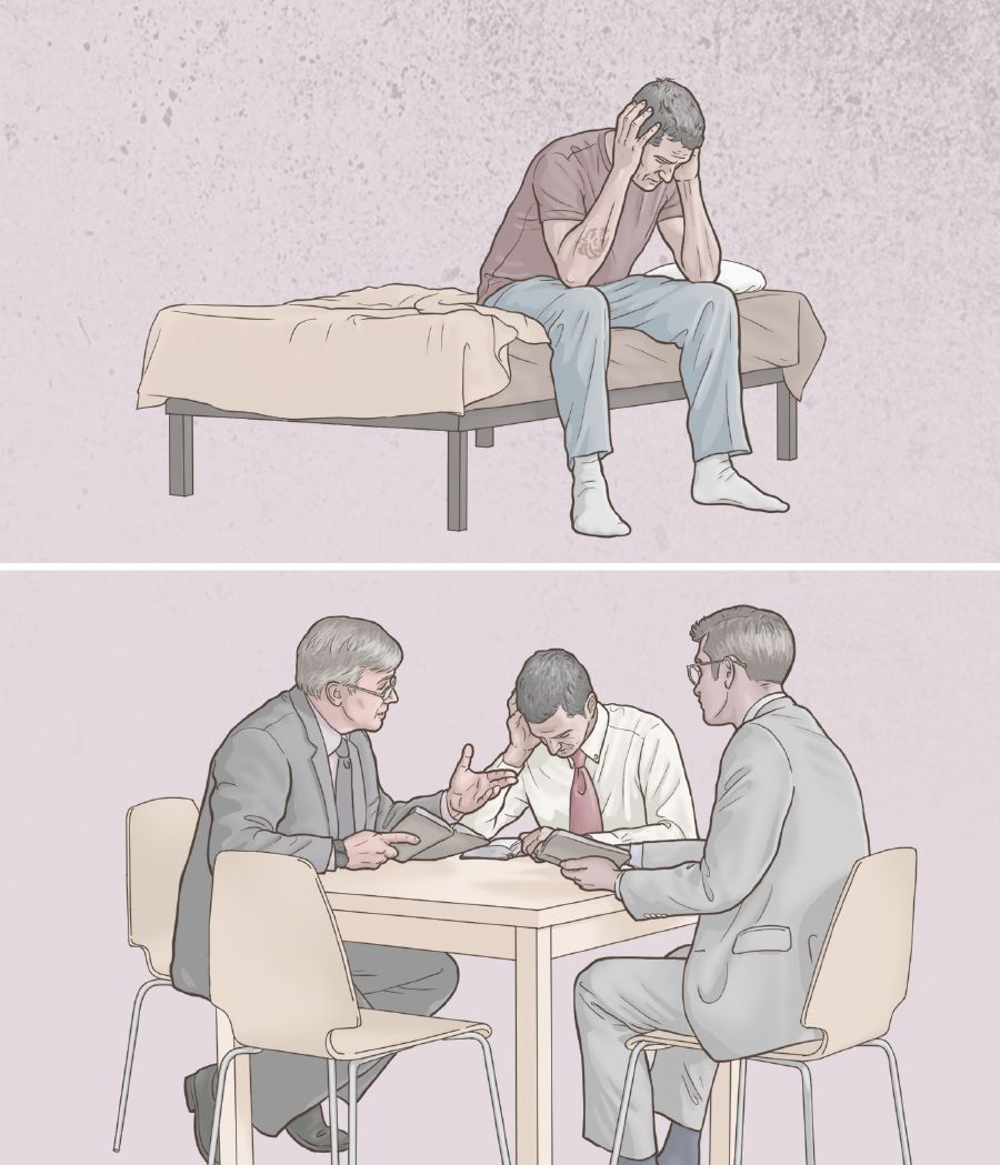 Saurang sadérék diuk dina dipan, nalangsa karana dosana, terus manggihan dua kokolot sidang