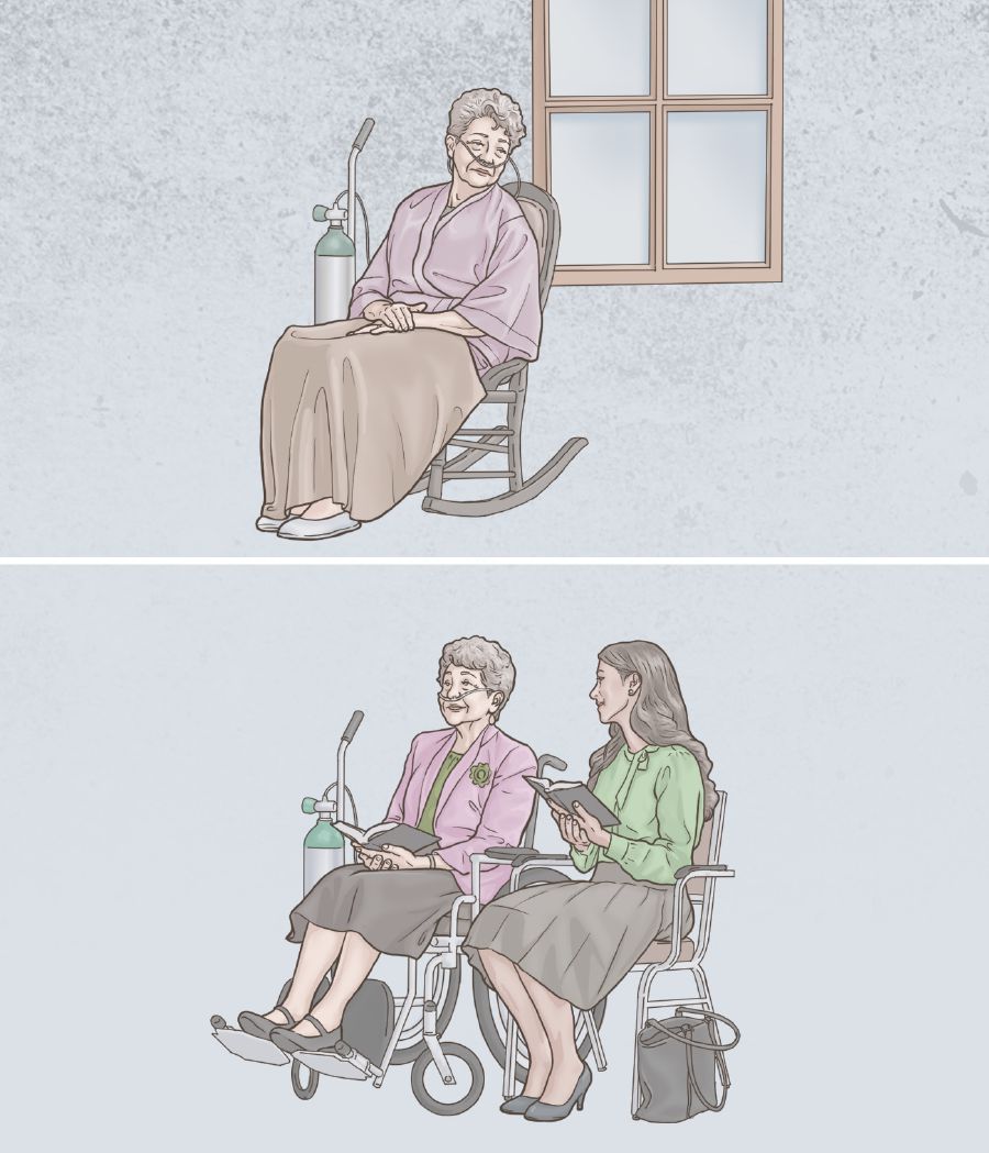 Saurang sadérék nu geus ripuh, diuk sorangan, tapi daék hadir di pasamoan dibaturan ku sadérék nu leuwih ngora