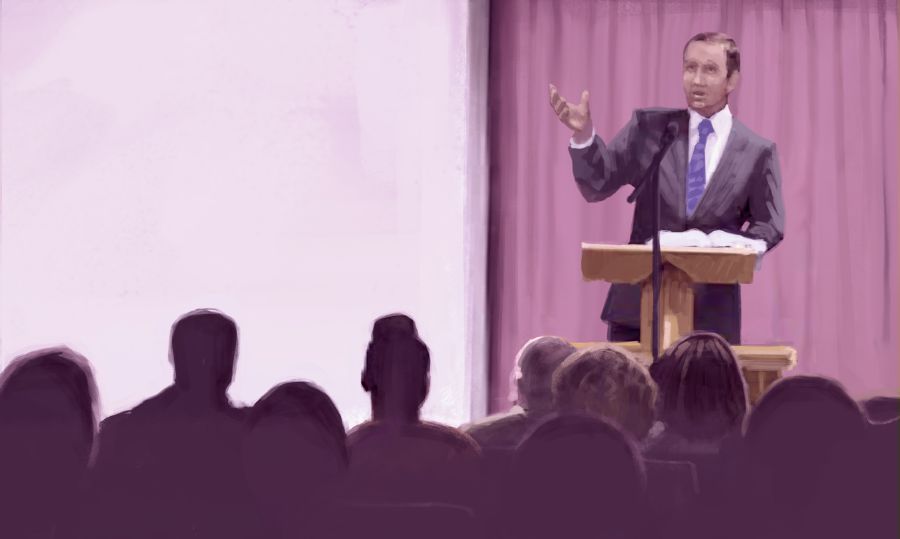 Saurang sadérék ngagunakeun Alkitab pikeun ngajar ti mimbar