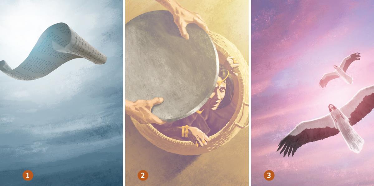 Gulungan kitab nu ngalayang; awéwé di jero karanjang; dua awéwé nu boga jangjang siga jangjang bango