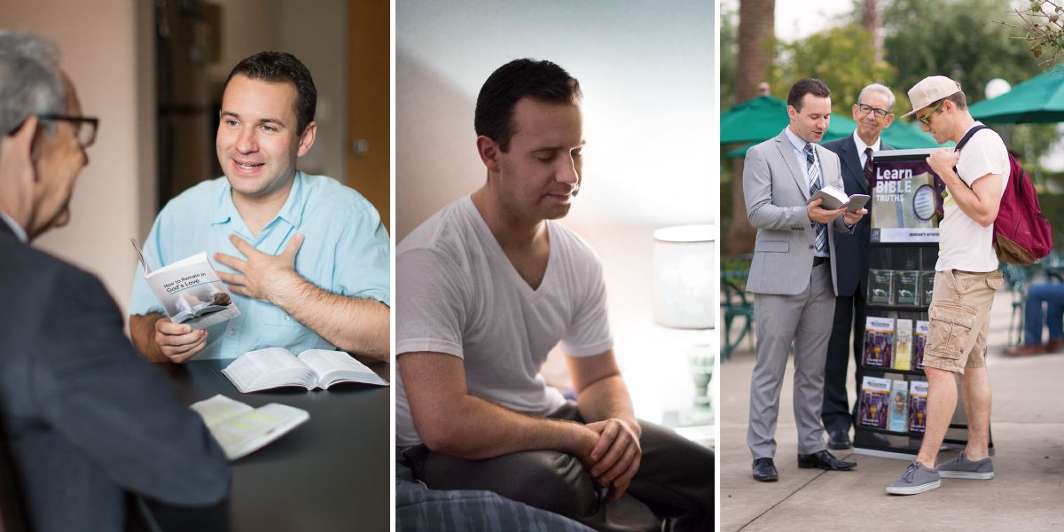 Saurang lalaki diajar Alkitab, ngadoa, jeung ngawawar di tempat umum