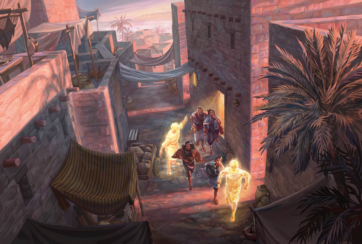 Para malaikat mawa Elut jeung kulawargana kaluar ti Sodom