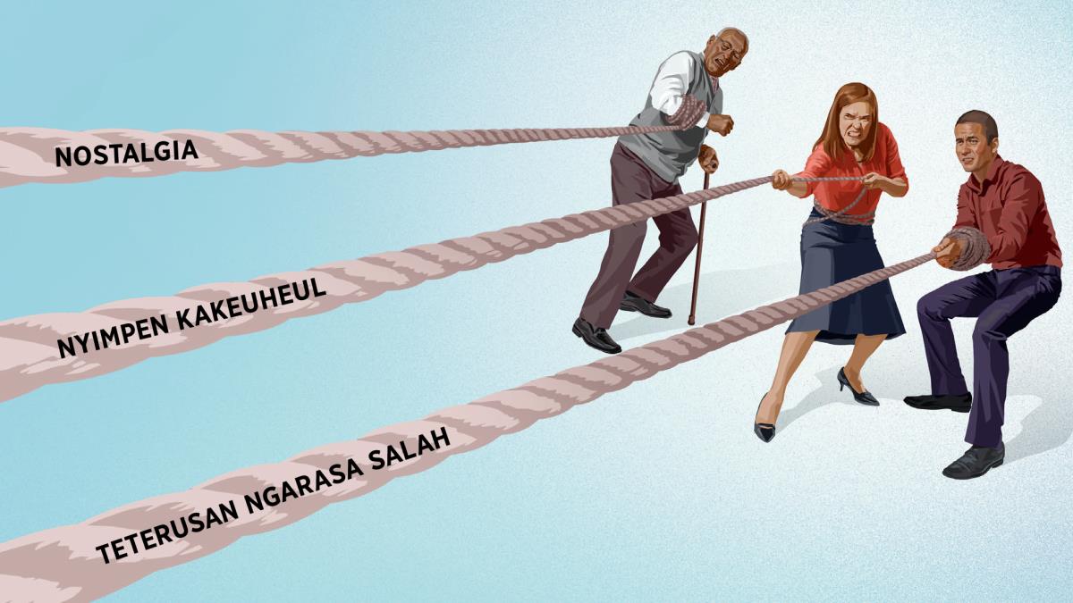 Saurang sadérék nu geus sepuh, sadérék istri, jeung sadérék pameget nu ngora kénéh keur narik tali. Dina talina aya tulisan ’nostalgia’, ’nyimpen kakeuheul’, jeung ’teterusan ngarasa salah’.