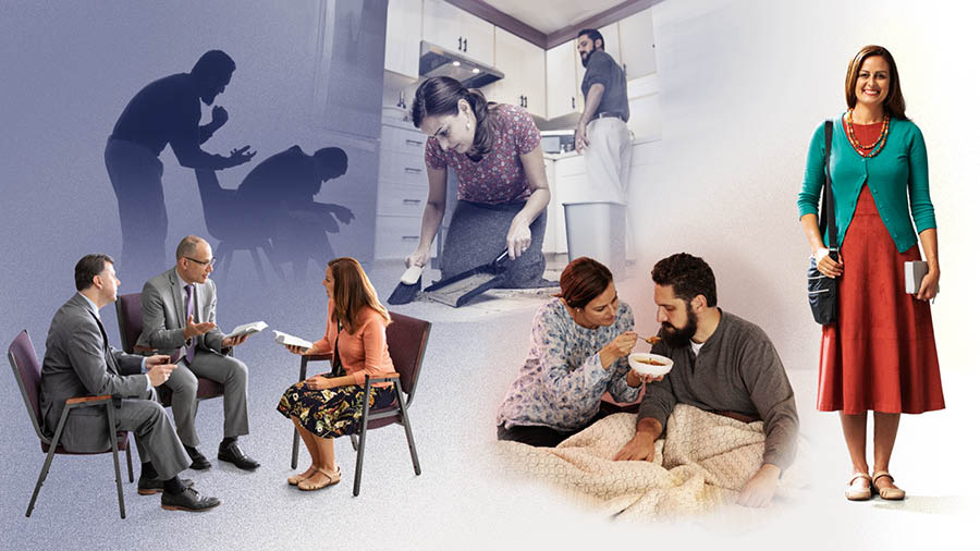 Saurang sadérék istri nu caritana jadi Yasmin, keur nangtung bari seuri. 1. Manéhna dicarékan ku salakina. 2. Yasmin ngadéngékeun panglilipur tina Alkitab nu ditepikeun ku dua kokolot. 3. Manéhna dongko bari mersihan kokotor di dapur. Salakina ningalikeun. 4. Yasmin ngahuapan salakina nu keur gering.