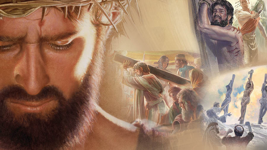 Yésus maké makuta tina cucuk. 1. Anjeunna dipecutan, leungeunna ditalian dina tihang. 2. Yésus manggul tihang siksaan, disaksian ku loba jalma. 3. Yésus digantung dina tihang bareng jeung dua penjahat. Jalma-jalma moyokan anjeunna.