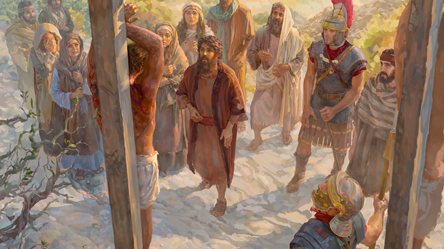 Yésus digantung dina tihang siksaan. Rasul Yohanes, Mariam, prajurit Rum, jeung nu séjénna nangtung di deukeut tihang siksaan.