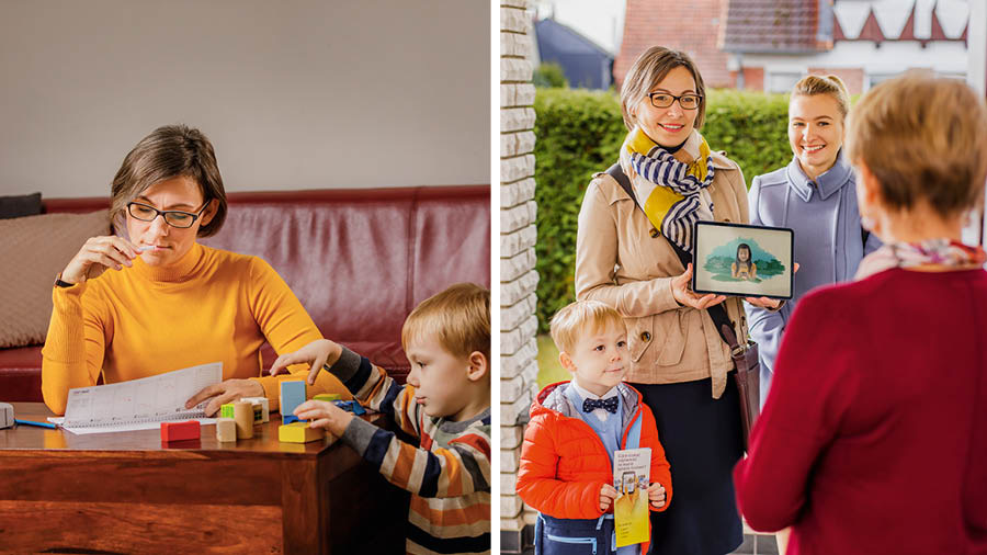 Gambar. 1. Saurang sadérék istri ningali kalénder. Budakna nu leutik kénéh keur ulin di deukeut manéhna. 2. Manéhna jeung saurang sadérék istri séjén keur nunjukkeun vidéo waktu dines. Budak lalakina nyekelan risalah.