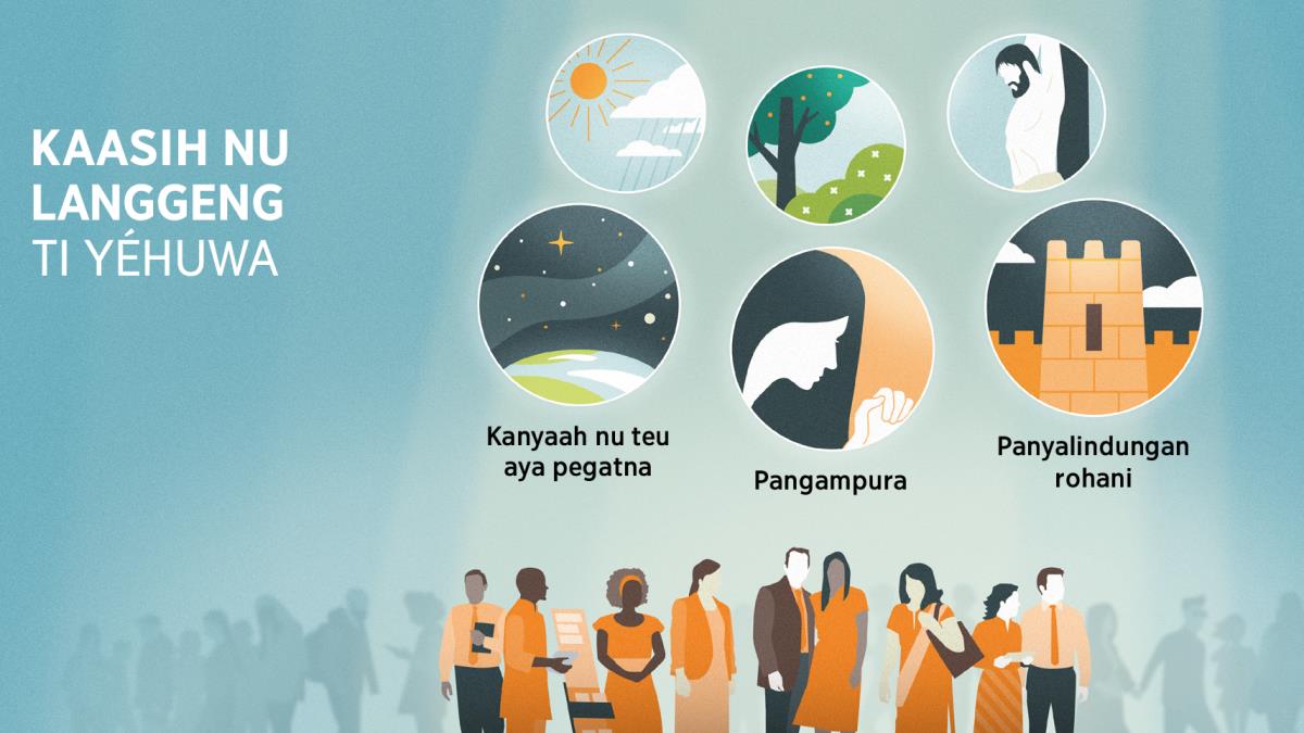Umat Yéhuwa di tengah-tengah jalma réa. Gambar: Bukti kaasih Yéhuwa nu langgeng. 1. Kanyaah nu teu aya pegatna, digambarkeun ku bumi nu dikurilingan ku béntang-béntang di langit. 2. Pangampura, digambarkeun ku sadérék istri nu keur ngadoa. 3. Panyalindungan rohani, digambarkeun ku bénténg kota. Di tukangna, aya bukti kaasih Yéhuwa ka kabéh jalma. 4. Panonpoé jeung hujan. 5. Kembang, pepelakan, jeung tatangkalan. 6. Tebusan.