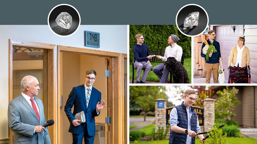 Gambar di handapeun permata nu can dipotong, aya sadérék ngora nu telat masamoan, terus aya sadérék nu leuwih kolot keuheul ningali manéhna. Gambar: Di handapeun permata nu geus dipotong jeung dipolés, tilu gambar ngeunaan budak ngora éta. 1. Manéhna méré kartu kontak ka saurang jalma di taman. 2. Manéhna mawakeun barang balanjaan wanita nu sepuh. 3. Manéhna ngarawat taman di Balé Karajaan.