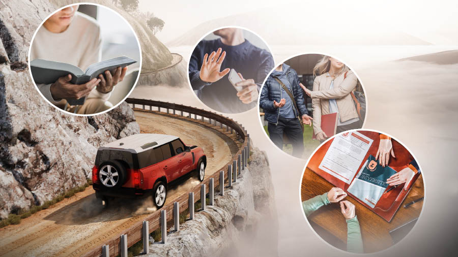 Pager nu aya di péngkolan jalan ngajaga mobil supaya teu ka sisi teuing. Gambar: 1. Sadérék ngora keur baca Alkitab. 2. Saurang sadérék nu embung ningali HP-na. 3. Sadérék istri nu embung gaul jeung saurang lalaki. 4. Sadérék istri nu ditingalikeun brosur ngeunaan pendidikan di universitas.