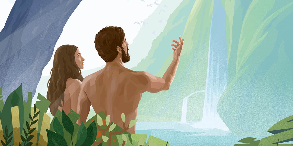 Adam jeung Hawa ningalikeun curug di taman Éden.