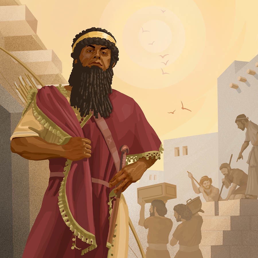 Nimrod nu adigung keur nangtung. Di tukangeunana, aya jalma-jalma nu keur ngabangun.