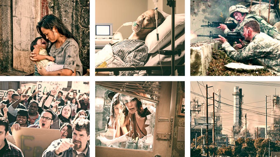 Gambar: Hasil ti pamaréntahan manusa. 1. Saurang awéwé Asia keur ngagéndong budakna nu keur ceurik bari diuk di jalan nu kotor. 2. Saurang lalaki nu keur gering ngagolépak di rumah sakit. 3. Para prajurit keur némbak di médan perang. 4. Jalma-jalma nu keur protés keur ngagorowok bari nyepengan spanduk. 5. Saurang awéwé jeung budakna nangtung di luar imah bari ningali kaca dina panto hareupna peupeus. 6. Kota nu pinuh ku kabel listrik jeung polusi.