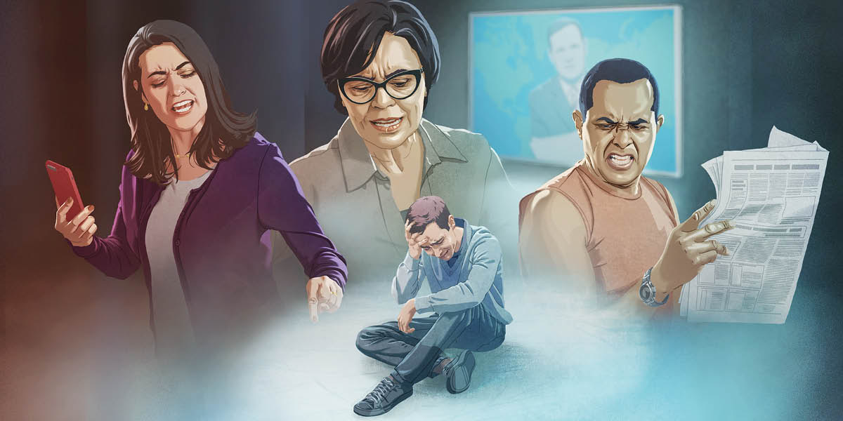 Gambar: Saurang jalma nu nalangsa pisan lantaran loba nu ijid ka manéhna. 1. Awéwé nu keur nyepeng handphone ngarendahkeun manéhna. 2. Awéwé séjénna nyapirakeun manéhna. 3. Lalaki nu keur maca koran nyentak manéhna. 4. Berita dina TV.