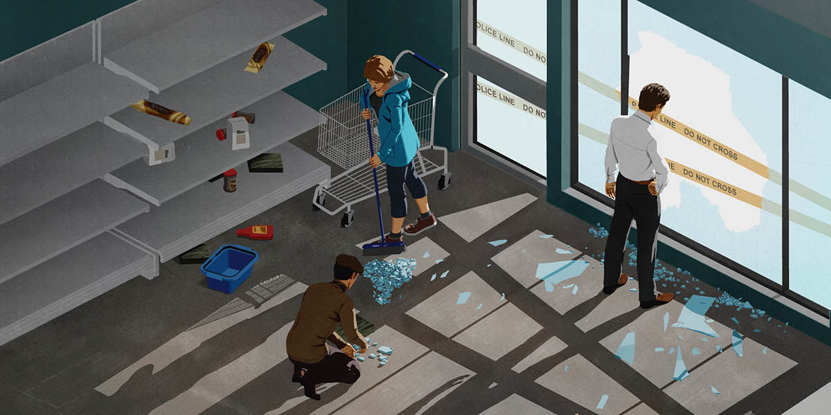 Nu boga toko keur ningalian jandéla, pagawéna keur mersihan kaca nu peupeus lantaran tokona dijarah.