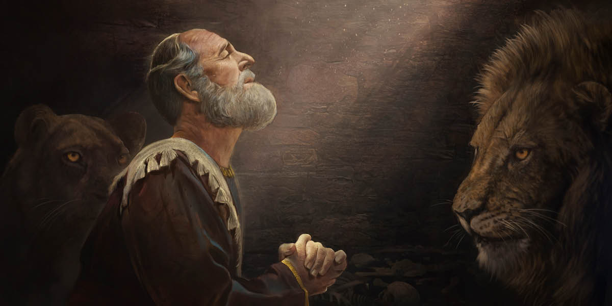 Profeten Daniel ber till Gud när han är i en lejongrop.