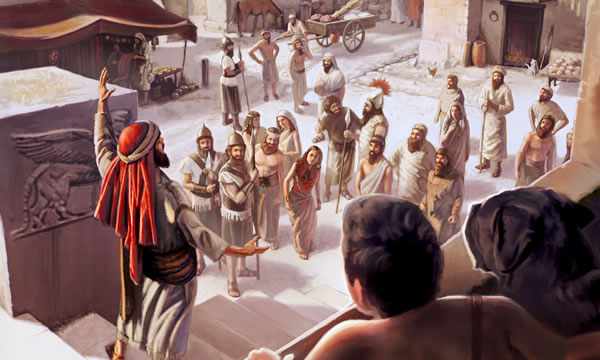 The people of Nineveh listen as Jonah preaches