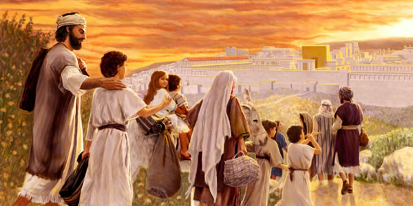 Joseph and Mary, along with their family, making the journey to worship at the temple in Jerusalem