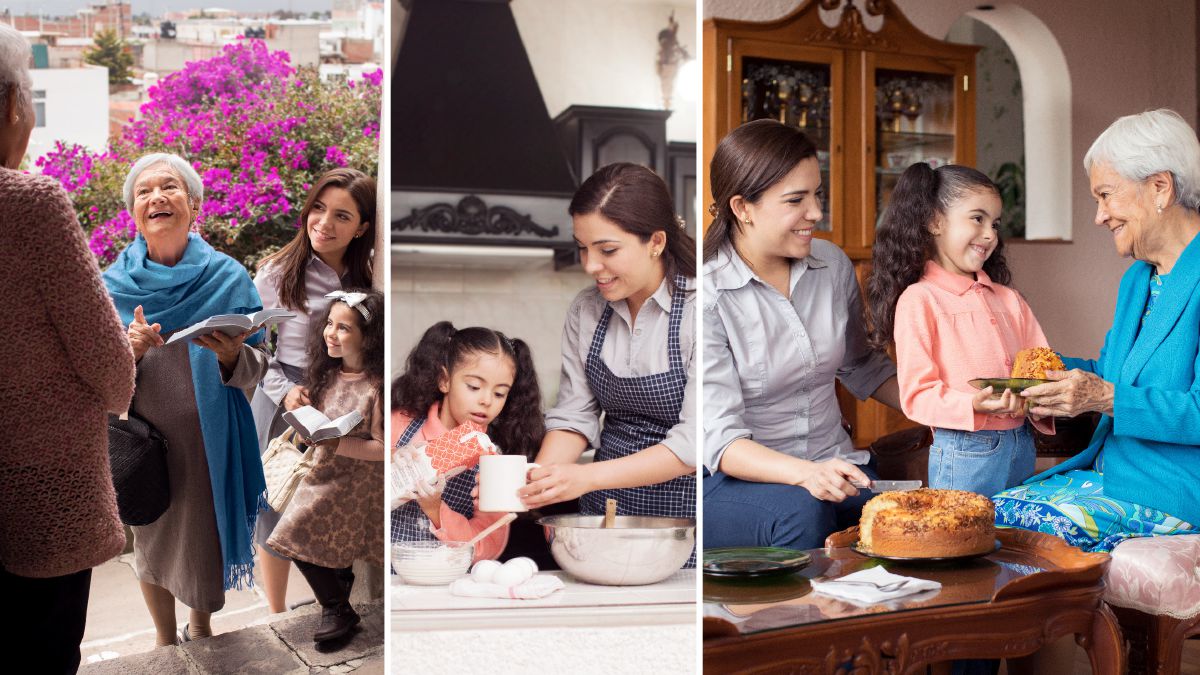 A mother and her daughter work with an elderly sister in the field ministry; later they bake a cake and bring it to her