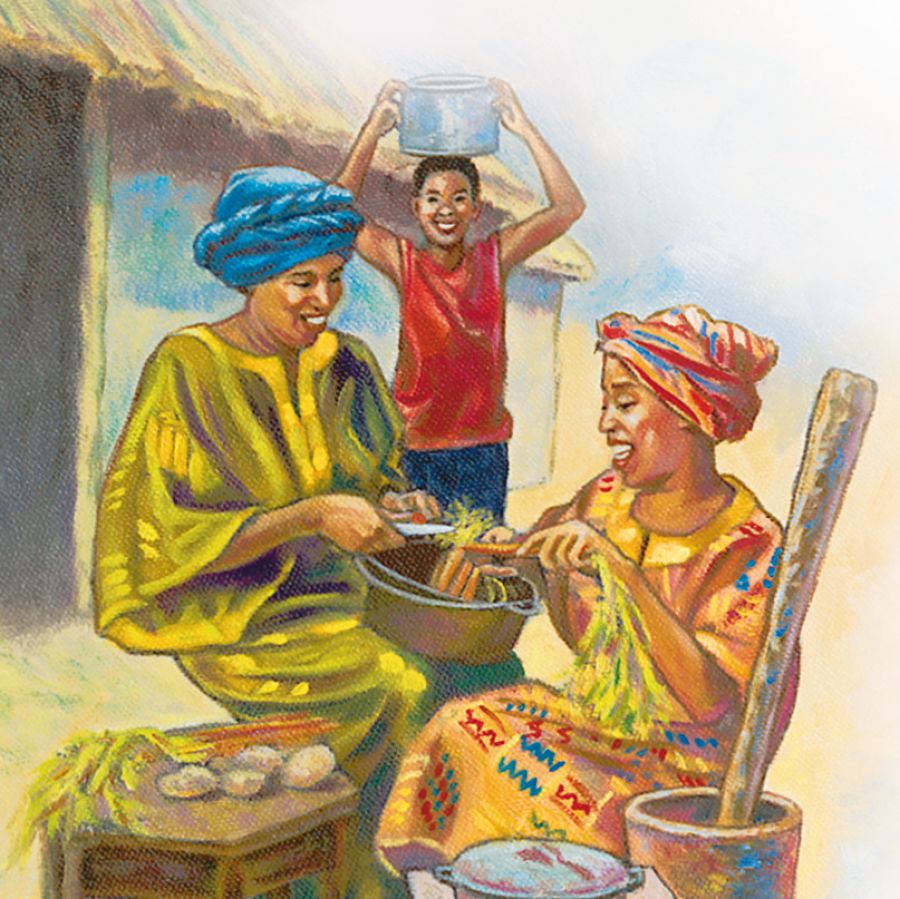 A child brings a pot to two women preparing food