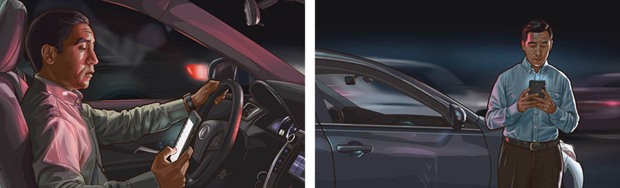 படத்தொகுப்பு: 1. ஒரு சகோதரர் வண்டியை ஓட்டிக்கொண்டே மெசேஜ் அனுப்புகிறார். 2. அதே சகோதரர் தன்னுடைய காரின் பக்கத்தில் நின்றுகொண்டு மெசேஜ் அனுப்புகிறார்.