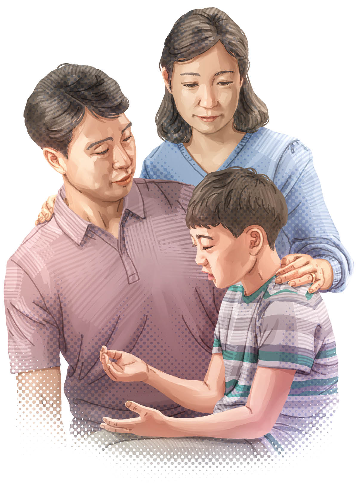 เด็ก​ผู้​ชาย​คน​หนึ่ง​กำลัง​คุย​กับ​พ่อ​แม่