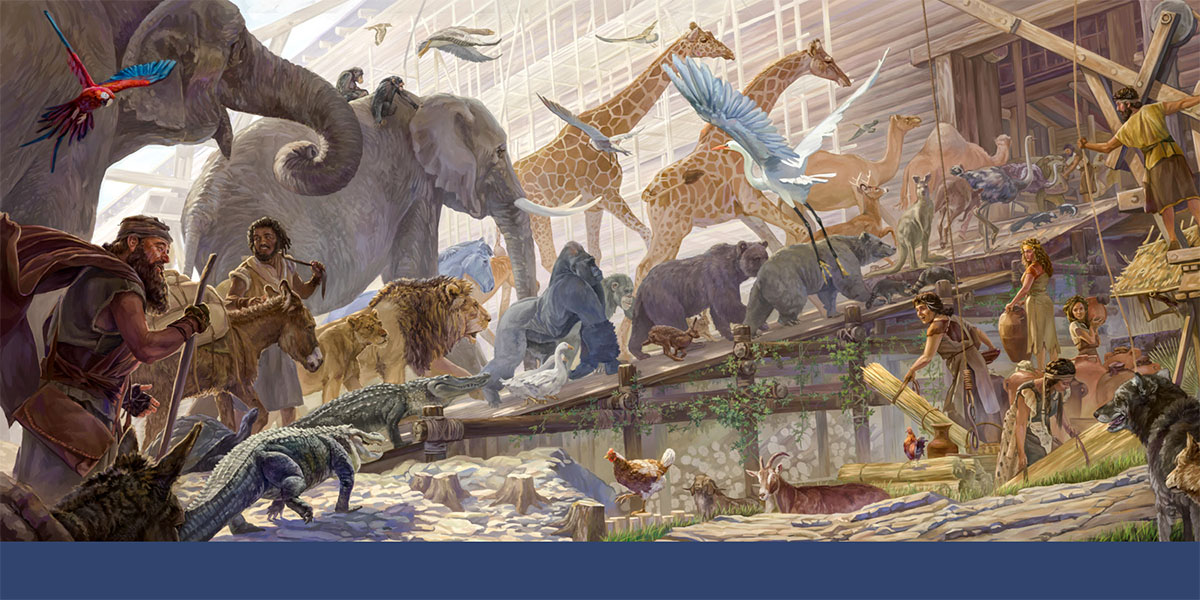 โนอาห์​กับ​ครอบครัว​พา​สัตว์​และ​เอา​อาหาร​เข้า​ไป​ใน​เรือ