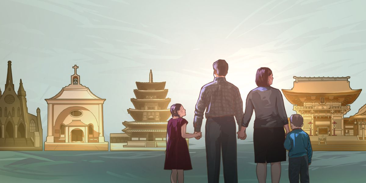 ครอบครัว​หนึ่ง​มอง​สถาน​นมัสการ​ของ​หลาย​ศาสนา