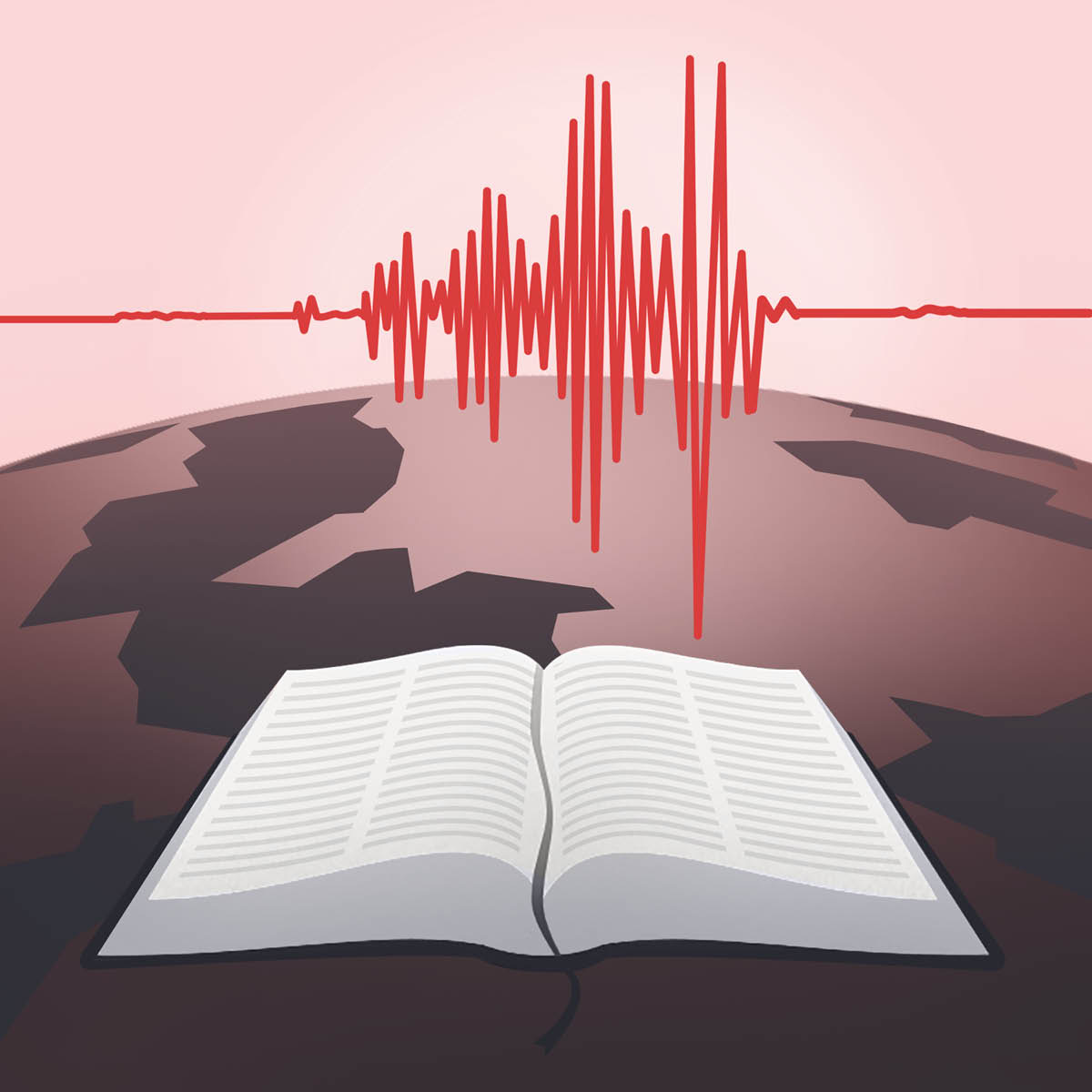 Isang bukás na Bibliya. Makikita rin ang earth at seismic wave ng isang seismograph.