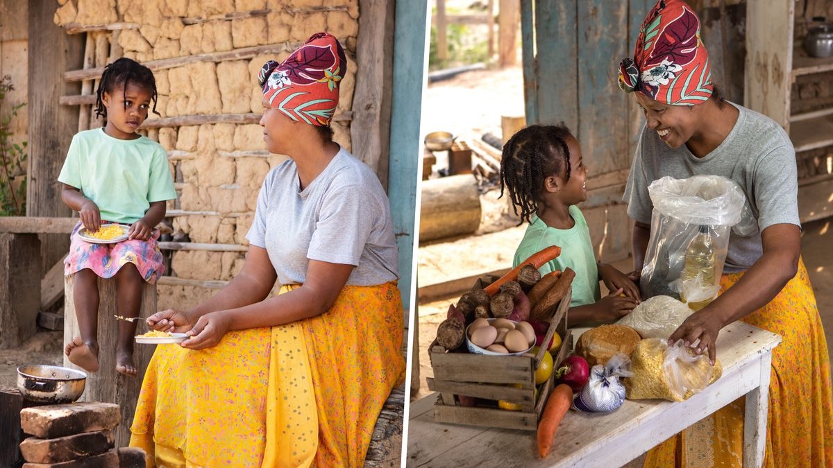 Ol piksa: Wanpela mama na pikinini meri bilong em i bungim hevi bilong mani. 1. Ol i sindaun ausait long haus bilong ol na kaikai liklik kaikai. 2. Ol i amamas long kisim sampela kaikai i kam long rot bilong rilif saplai.