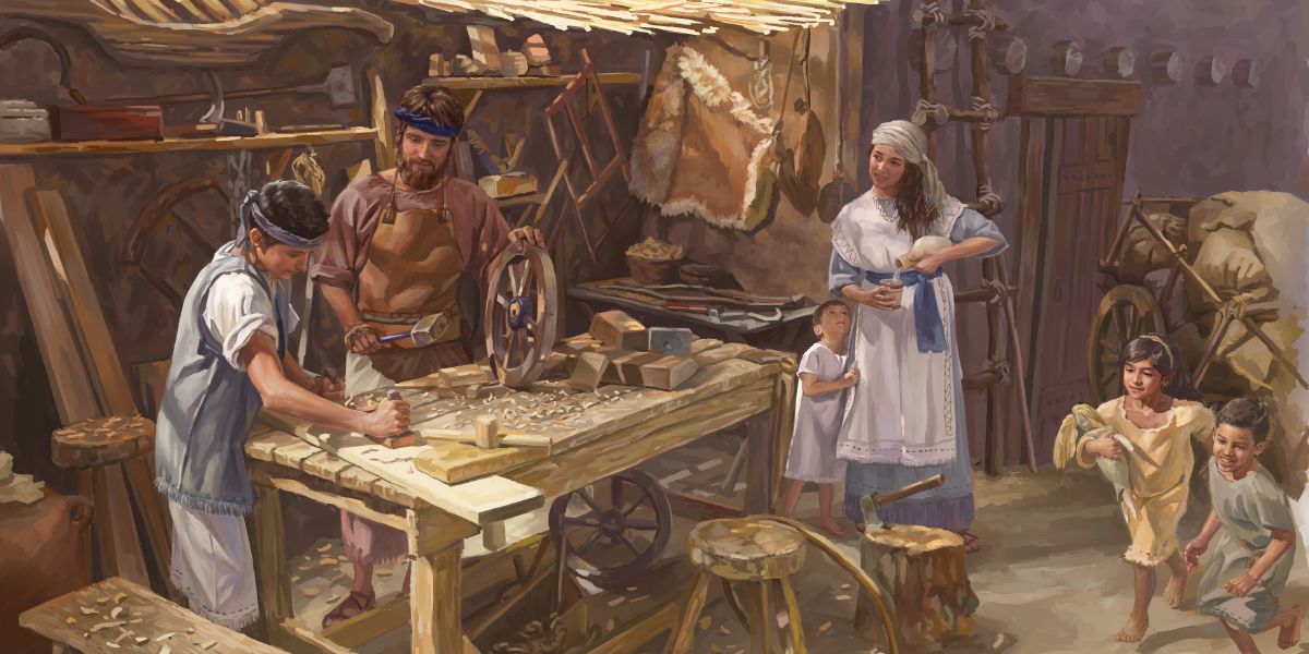 Yusuf İsa’ya marangozluk öğretirken, Meryem ve İsa’nın kardeşleri onların yanında duruyor