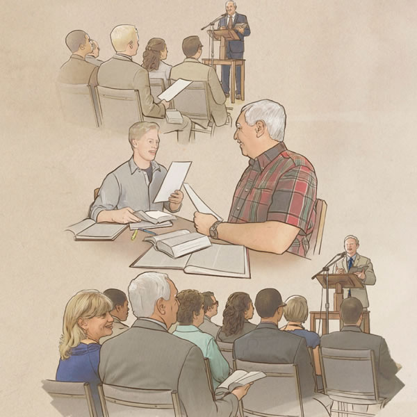 1. Bir ihtiyar umumi konuşma yapıyor; 2. Bir ihtiyar hizmet görevlisine yardım ediyor; 3. Bir hizmet görevlisi umumi konuşma yapıyor