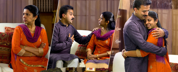 1. Bir kadın kocasına kızmış; 2. Kocası onunla konuşuyor ve özür diliyor; 3. Kadın kocasını affediyor